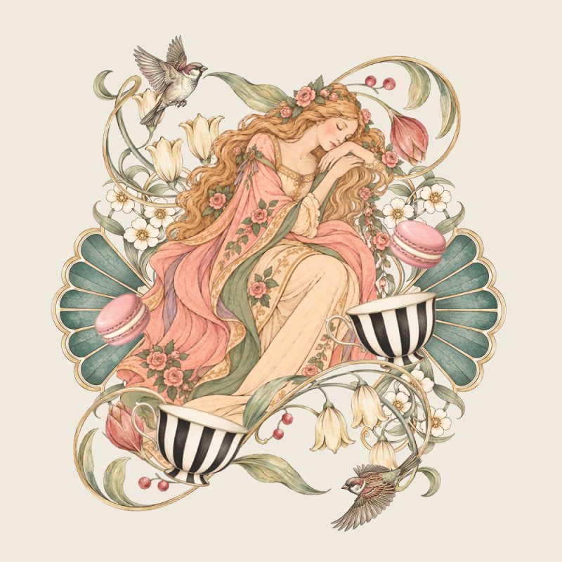 A woman in a floral pink gown rests among curling vines, flowers, two birds, striped teacups, and pink macarons.