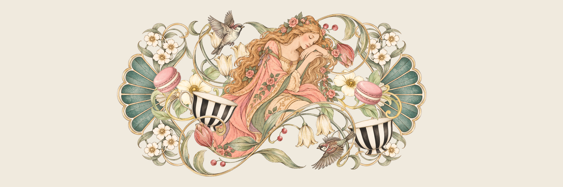 A woman in a pink floral dress rests among winding vines, flowers, birds, striped teacups, and pink macarons.