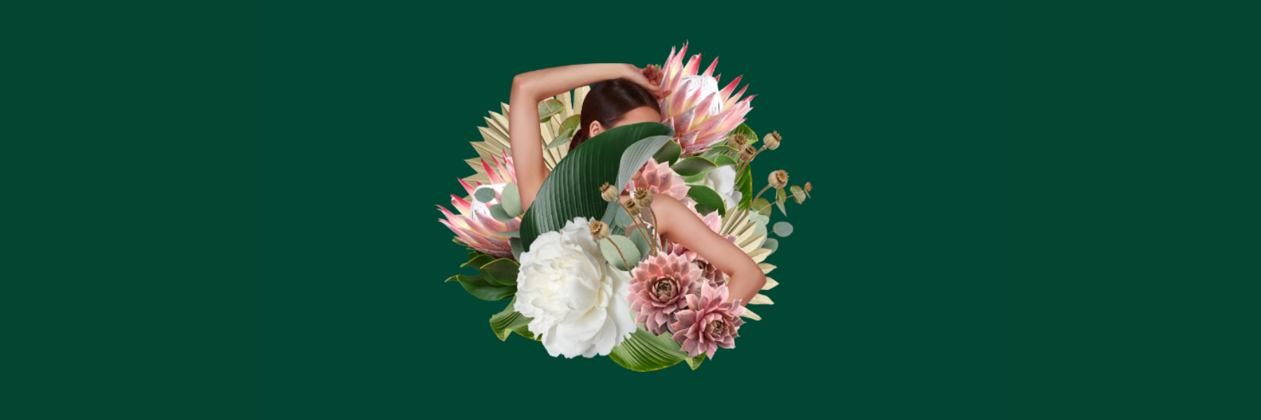 A woman's partially visible figure is surrounded by various colorful flowers and green leaves on a dark green background.