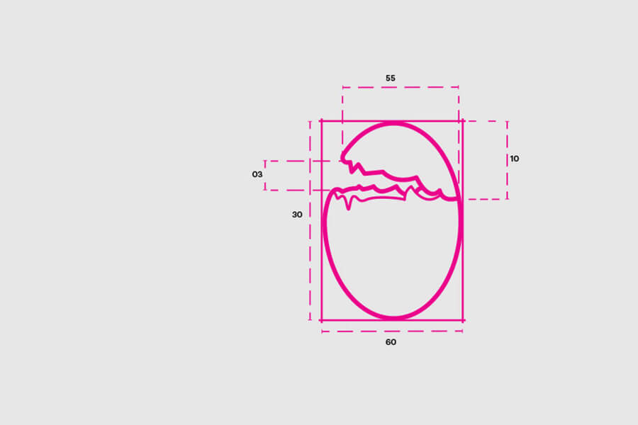 A pink outline of an egg-shaped object with a cracked top, accompanied by dashed measurement lines and dimensions.