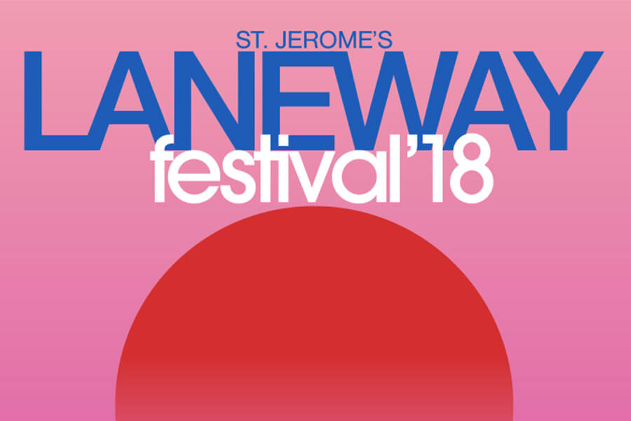 Colorful graphic design featuring the text "St. Jerome's Laneway Festival '18" against a pink background with a large red circle.