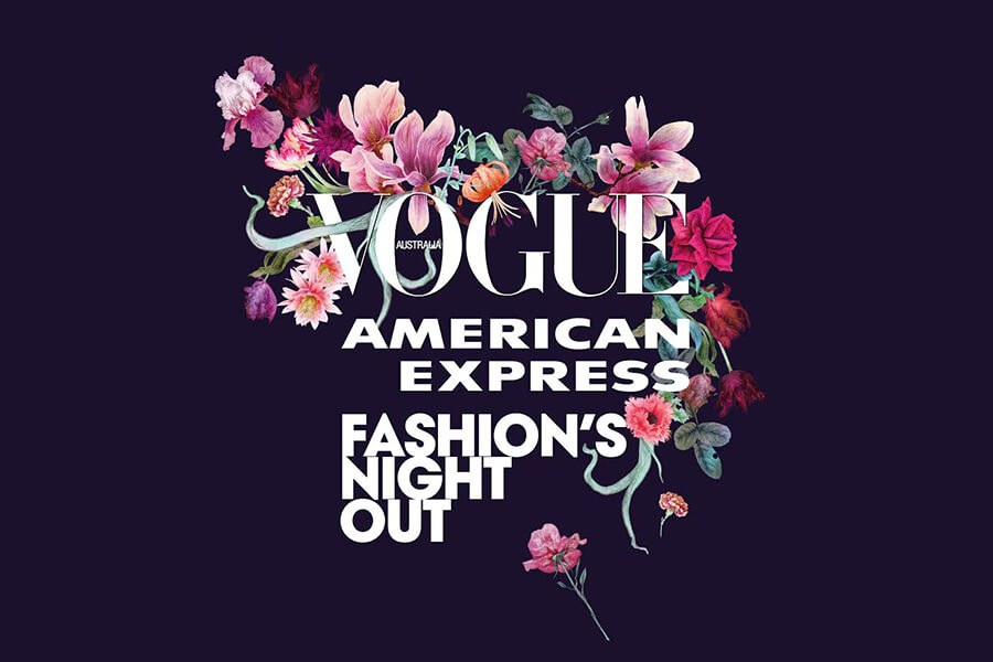 Floral design surrounding the text "VOGUE AUSTRALIA AMERICAN EXPRESS FASHION'S NIGHT OUT" on a dark background.