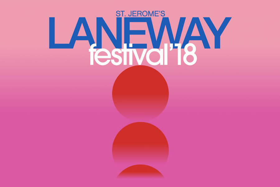 A gradient background featuring pink shades with three overlapping red circles and text for the "St. Jerome's Laneway Festival '18."