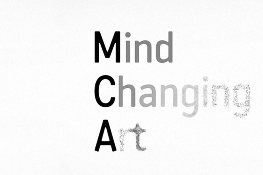 Text design featuring the words "Mind Changing Art" in varying shades of gray and black, with artistic typography.