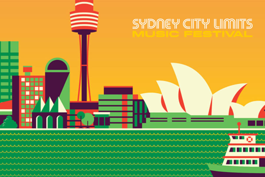 Stylized illustration of Sydney's skyline featuring the Sydney Opera House, a tower, and a boat on the water, with a sunset background.