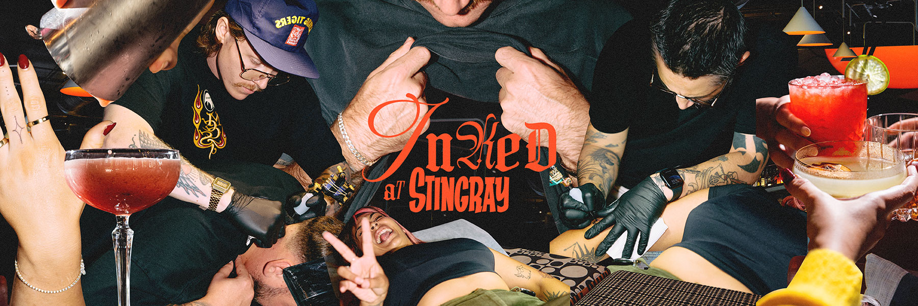 Tattoo artists are shown at work while patrons enjoy cocktails in a lively setting, featuring various hands and gestures.
