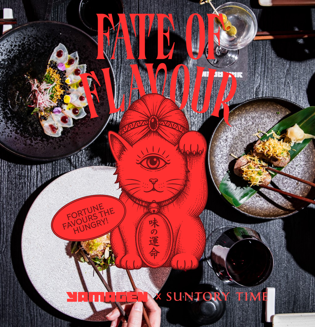 Overhead spread of plated food and drinks on a dark table, overlaid with a red one-eyed cat illustration and “Fate of Flavour” text.