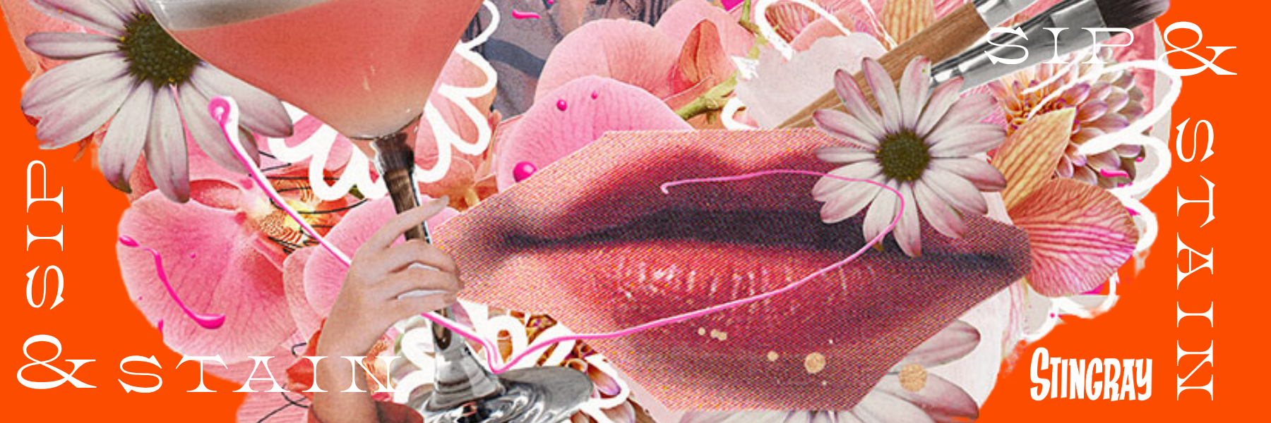A pink woven hat, flowers, and paintbrushes fill an orange collage with decorative white lettering.